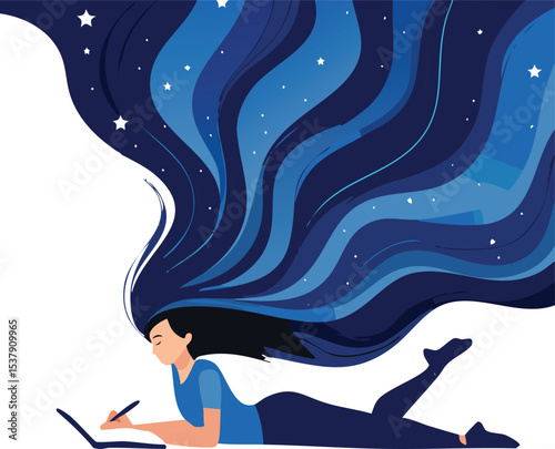 A minimalist vector illustration of a woman lying on her stomach while writing, with long dark blue flowing hair that transforms into a cosmic starry sky