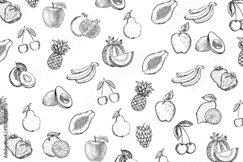 Various of fruits seamless set on white background. Sketch of fruits on white board. Line art of fruit