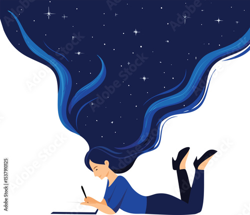 A minimalist vector illustration of a woman lying on her stomach while writing, with long dark blue flowing hair that transforms into a cosmic starry sky