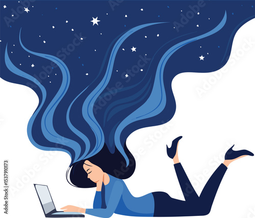 A minimalist vector illustration of a woman lying on her stomach while writing, with long dark blue flowing hair that transforms into a cosmic starry sky