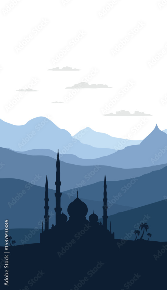 Obraz premium flat vector mountain scenery with mosque silhouette vertical simple background