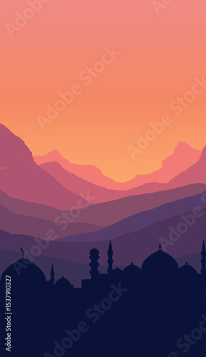 flat vector mountain scenery, dusk with mosque silhouette vertical simple background