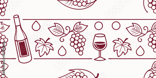 Seamless vector pattern featuring wine bottles, glasses, and grapes  