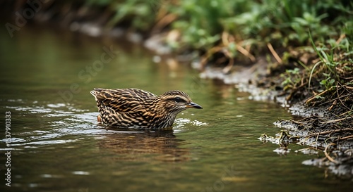 Striking Duck Swimming Smoothly Through a Tranquil Stream in Nature