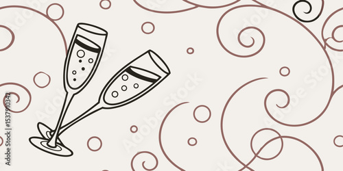 Seamless champagne vector pattern with flutes and bubbles on textured background  