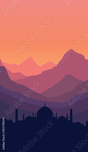 flat vector mountain scenery, dusk with mosque silhouette vertical simple background