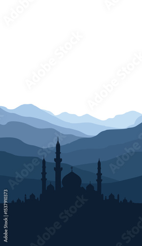 flat vector mountain scenery with mosque silhouette vertical simple background