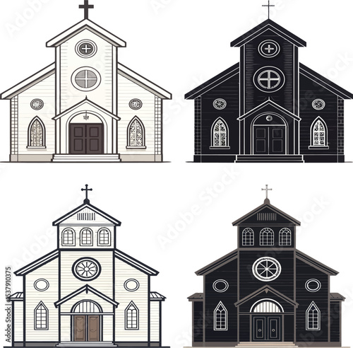 Minimalist Black and White Church Icon Vector – Outline and Solid Style