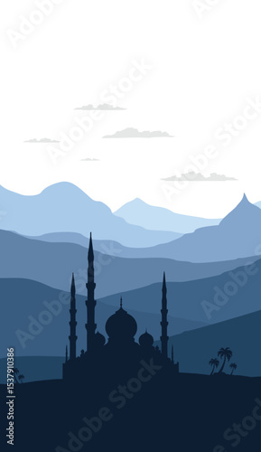 flat vector mountain scenery with mosque silhouette vertical simple background