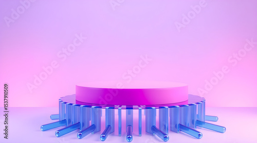 Pink podium displaying on blue glass structure with purple backdrop