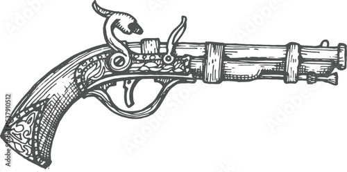 Hand drawn musket pistol with wooden grip. Flintlock gun in retro sketch style. Best for tattoo and pirate designs. hand drawn vector illustration of a gun