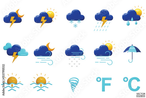 Set of vector 3d weather icon on white background. Elements for weather forecast. Sun, moon, cloud, rain, lightning, thunderstorm, snow, summer, winter, spring.