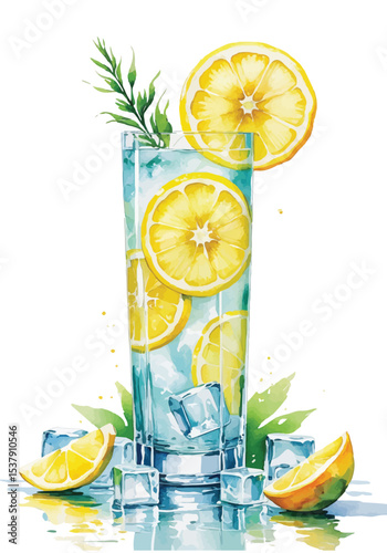 Watercolor Illustration of a Refreshing Lemon Iced Drink. cocktail with lemon and lime. A vibrant watercolor painting of a tall glass filled with refreshing lemon iced water.