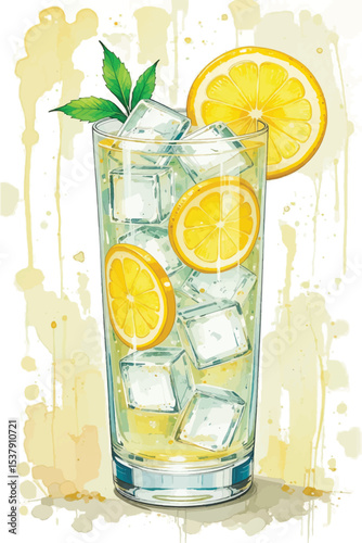 A vibrant watercolor illustration of a tall glass filled with ice cubes and fresh lemon slices. Refreshing Watercolor Lemon Iced Tea in a Glass