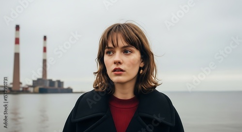 Stylish woman in black coat standing against industrial backdrop by the water