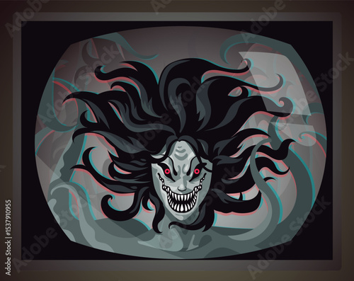 evil woman face in tv vcr tape creepypasta