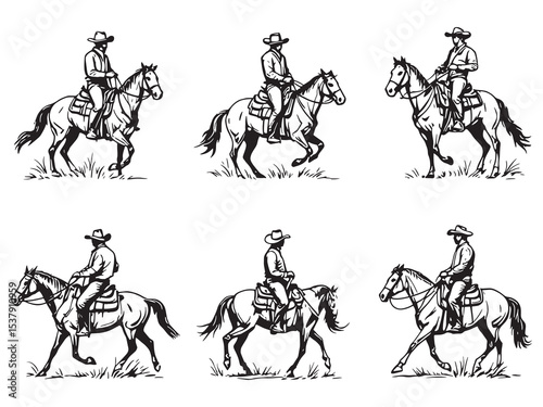 Cowboys on Horseback Illustration Set