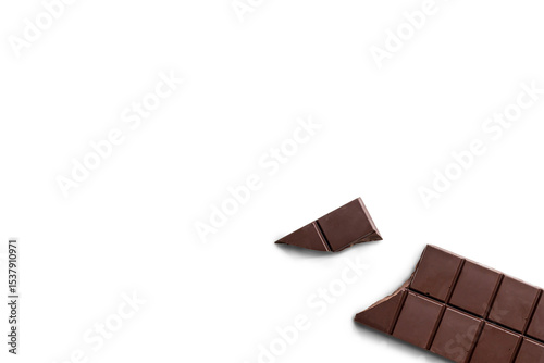 Broken organic dark chocolate bar isolated on a transparent background with shadow from above, top view, png