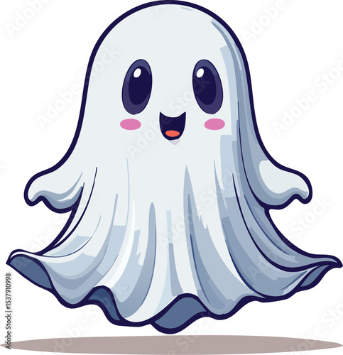 Cartoon Spooky Ghost - 2D Line Art Halloween Illustration Pink Cheeks Cute