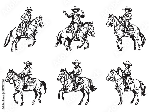 Cowboys Riding Minimal Line Icons