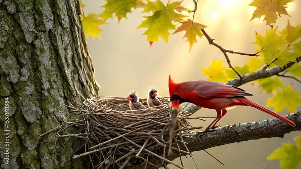 A vibrant red cardinal feeding its chicks in a cozy nest on a tree branch surrounded by sunlight
