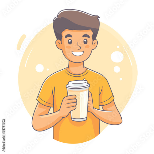 Man character drinking protein shake from shaker bottle after gym. Fitness and sport outline concept. Vector illustration