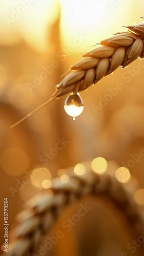 Close-up shot of a wheat stalk with a water droplet in a sunlit, golden field, showcasing natural beauty