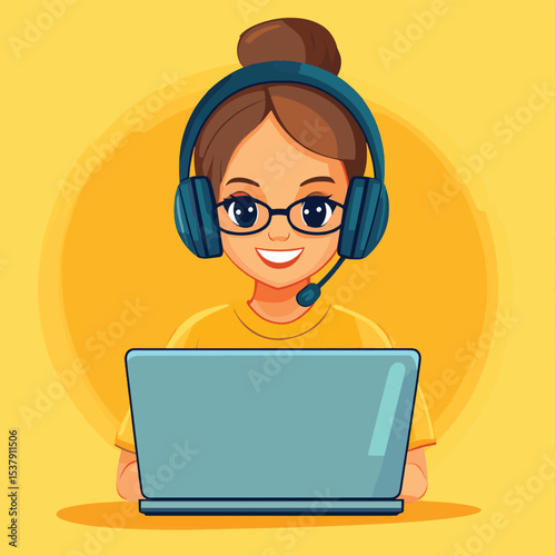 Woman hotline operator wearing headphones and microphone typing on laptop. Call center, customer service, assistance concept. Vector illustration