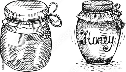 Glass jar with jam or honey. Sketch hand drawn drawing. Best for packaging and home made conservation designs. hand drawn vector illustration of a jar of jam