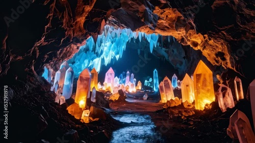 Illuminated crystals glowing in a dark underground cave with colorful light formations and a flowing stream, creating a mystical fantasy scene