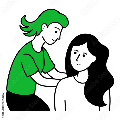 mother and daughter.monochrome line art illustration featuring