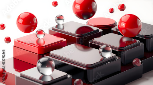 Red and black cubes and spheres floating abstract background