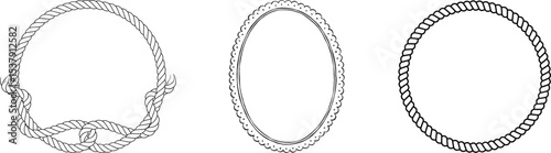 Hand drawn circle rope frame with free style node. Sketch nautical design element. Best for marine and western designs on white background. 