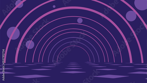 Abstract purple tunnel with glowing arcs and floating spheres on a diamond patterned floor space view