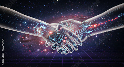 Fototapeta Naklejka Na Ścianę i Meble -  Digital handshake between humans and artificial intelligence in space concept