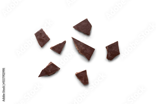 Broken organic dark chocolate bar isolated on a transparent background with shadow from above, top view, png