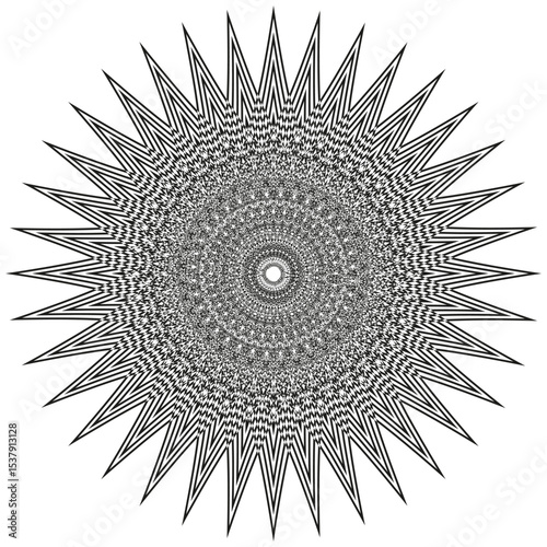 Intricate mandala pattern. Radial sun vector. Detailed geometric ornament. Soft gray tone.