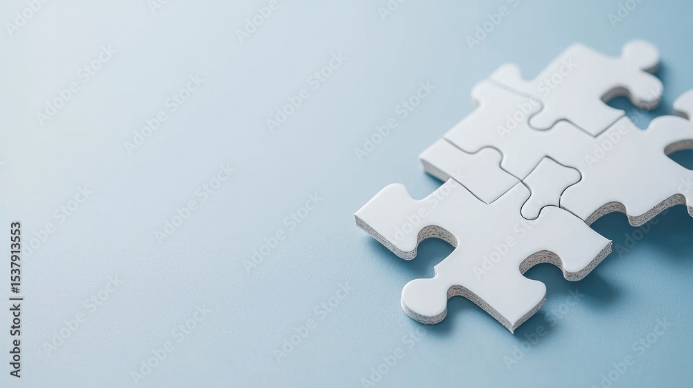 Obraz premium White puzzle pieces fitting together on light blue background, symbolizing teamwork, connection, and creative problem solving