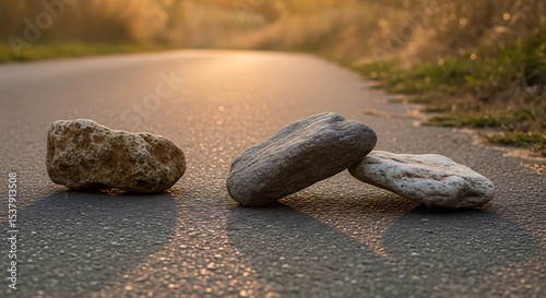 Three Stones Arranged on a Road with Golden Sunrise Light Behind