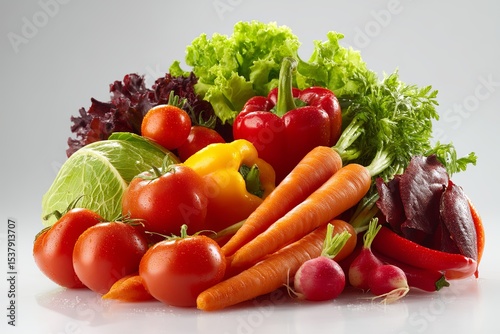 Fresh Assortment of Colorful Vegetables Including Tomatoes  Carrots  Lettuce  Peppers  and More Arranged on a White Background for Culinary Imagery