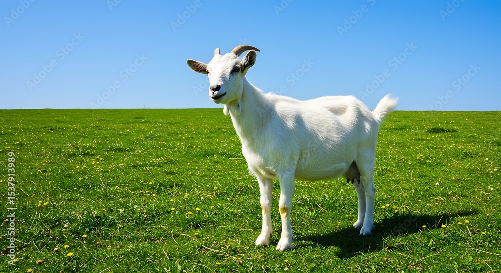 Obraz premium Majestic White Goat Grazing in a Lush Green Pasture under a Clear Blue Sky