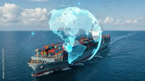 Global cargo ship with superimposed world map
