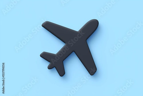 Simple black airplane icon with 3D shadow effect on light blue background, flat minimal design symbolizing air travel, aviation, transportation, and navigation.