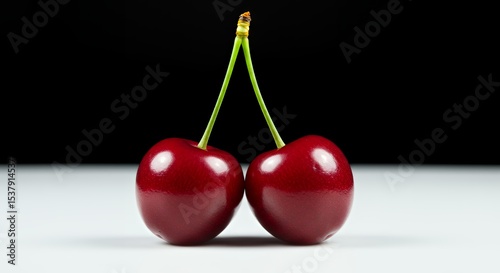 Two cherries with stem on white surface