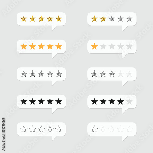 Five star rating, positive feedback style collection. Customer review with five metallic golden stars in speech bubble. Service satisfaction, quality, good rate illustration.