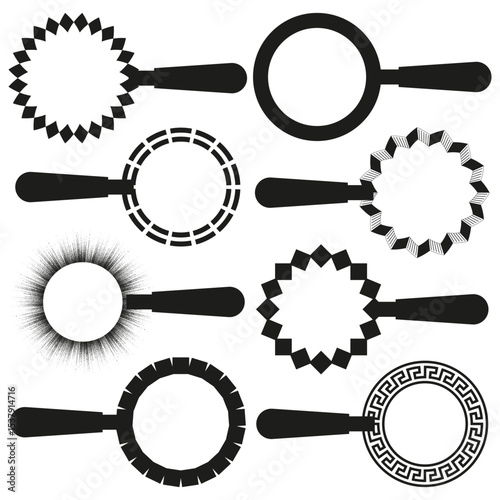 Set of magnifying glass icons. Minimal search symbols. Thin outline vector design. Black and white clean style.