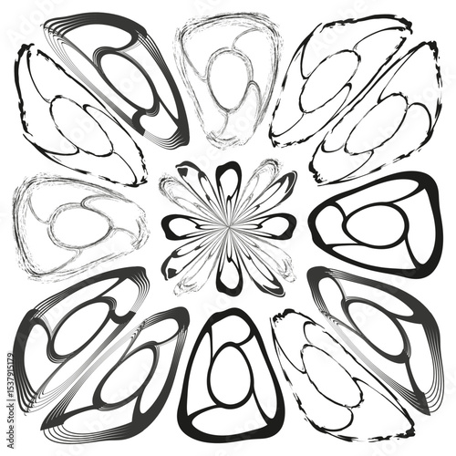 Petal ornament icon. Abstract floral shape. Vector line design. Symmetric pattern layout.