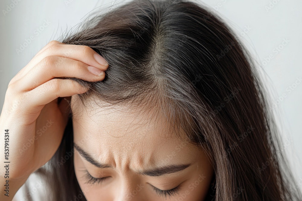 Fototapeta premium Serious, worried Asian young woman showing hair damage after brushing, with hair falling out on her hand due to health or beauty treatment issues., Generative AI