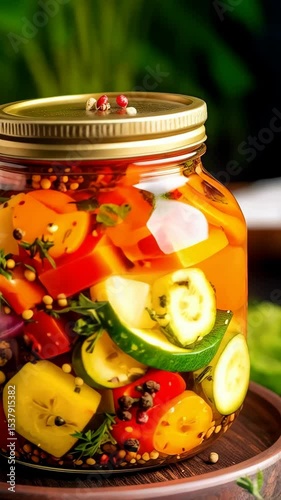 Assorted colorful vegetables preserved in a clear glass mason jar on a dark wooden platter indoors.