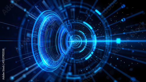 A vibrant blue digital tunnel of swirling data streams through a futuristic technological landscape